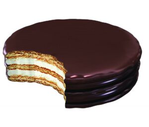 A picture of a double-decker chocolate Moon Pie with a bite missing.